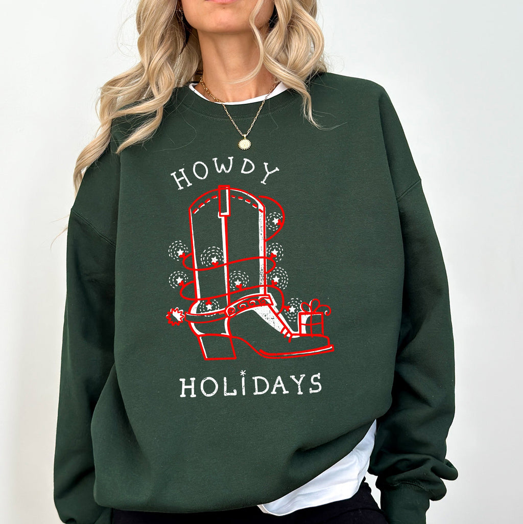 Howdy Holidays Christmas Cowboy Boot Country Western Xmas Graphic Premium Sweatshirt