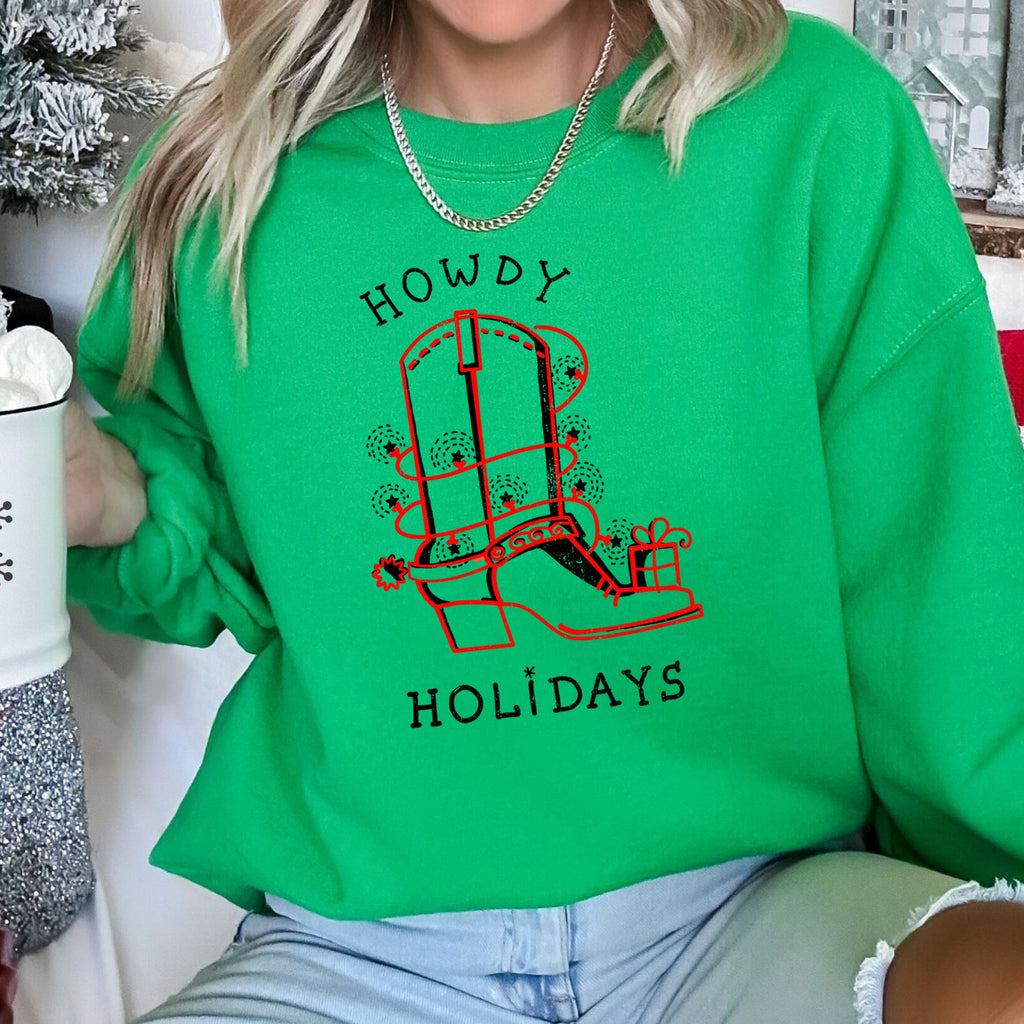 Howdy Holidays Christmas Cowboy Boot Western Holiday Spirit Graphic Festive Sweatshirt