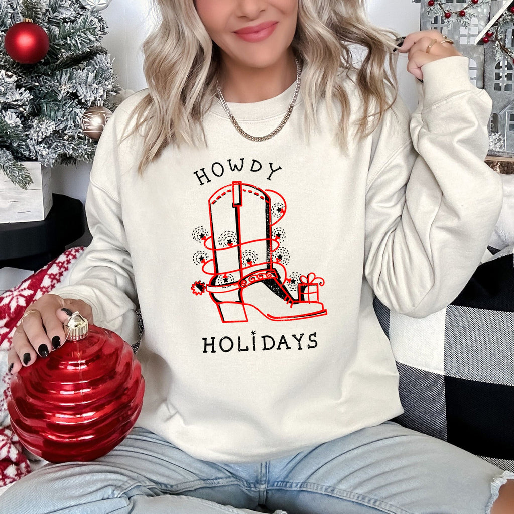 Howdy Holidays Christmas Cowboy Boot Western Holiday Spirit Graphic Festive Sweatshirt