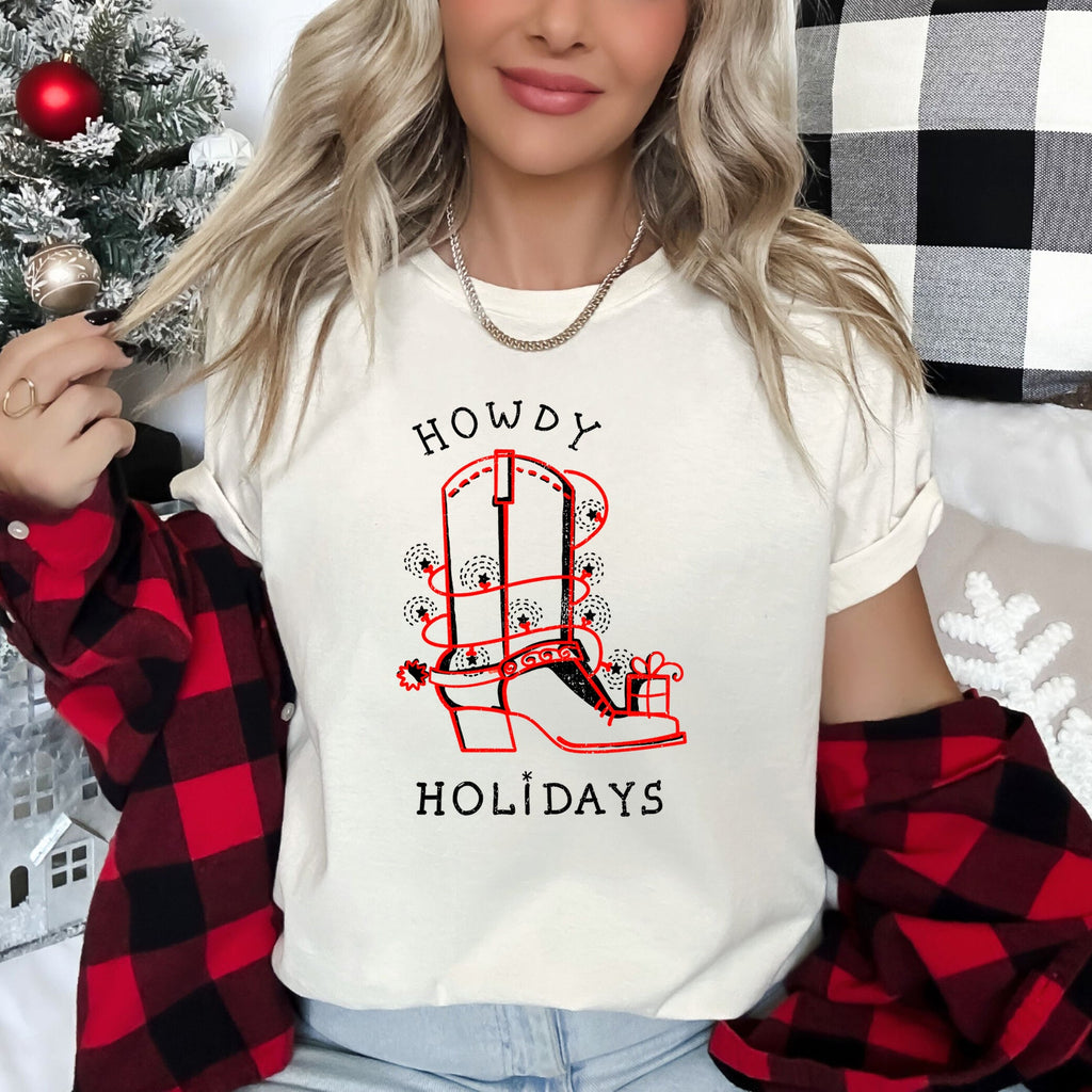 Howdy Holidays Christmas Cowboy Boot Retro Western Holidays Vintage Bold Graphic Tee