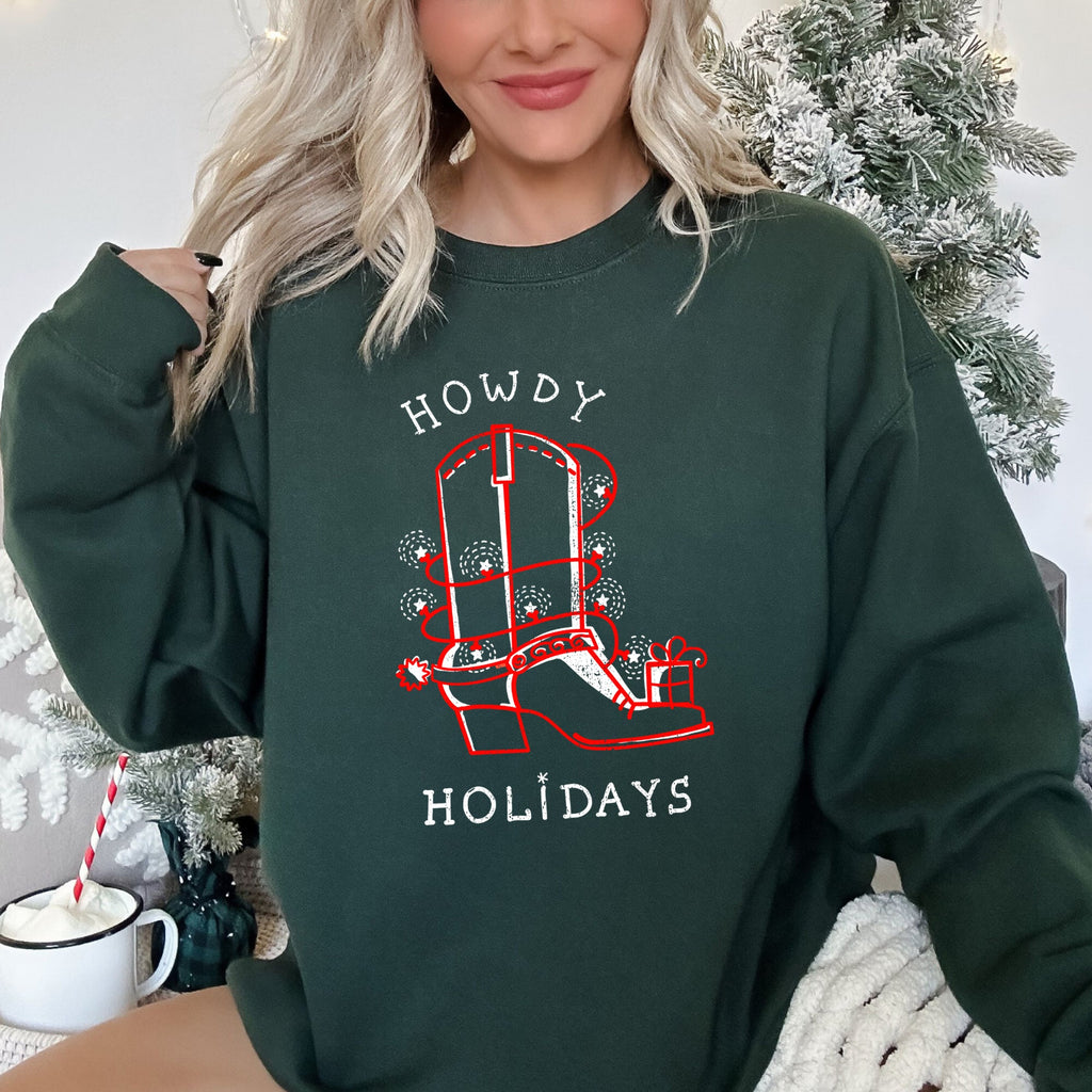 Howdy Holidays Christmas Cowboy Boot Sweatshirt With Festive Print And Cozy Winter Warmth