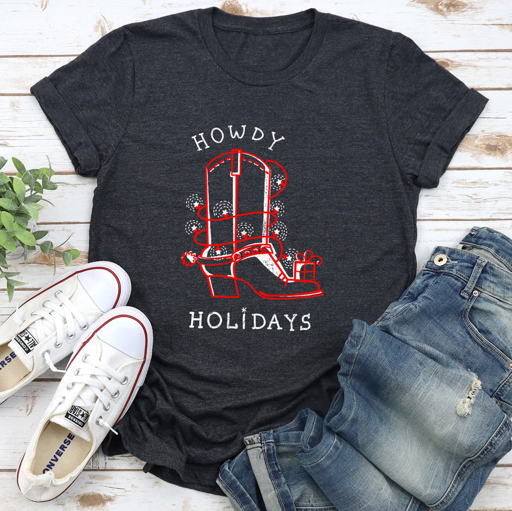 Howdy Holidays Christmas Cowboy Boot Retro Vintage Western Holiday Edition Graphic Tee
