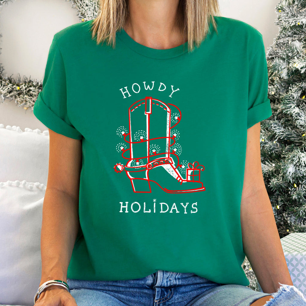 Howdy Holidays Christmas Cowboy Boot Retro Vintage Western Holiday Edition Graphic Tee