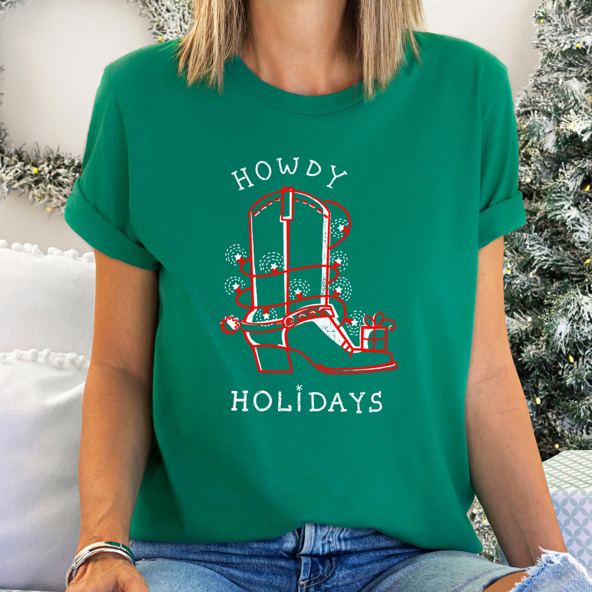 Howdy Holidays Christmas Cowboy Boot Retro Vintage Western Holiday Edition Graphic Tee