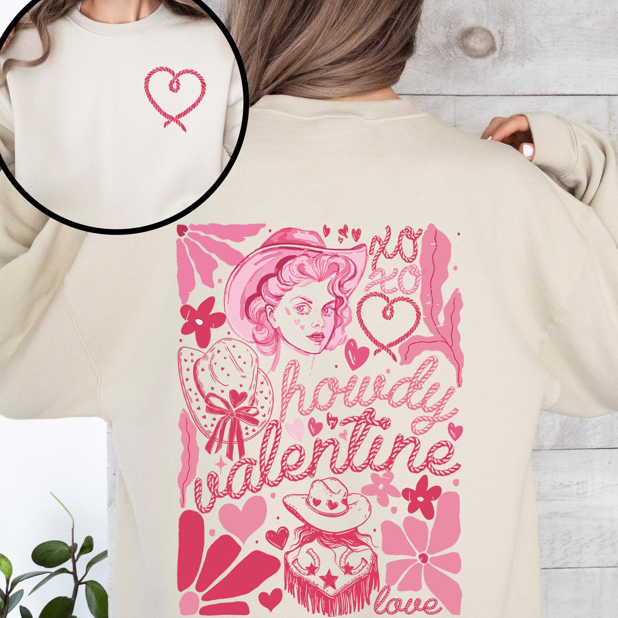 Howdy Valentine Cowgirl Western Country Love Heart Front And Back Graphic Premium Sweatshirt
