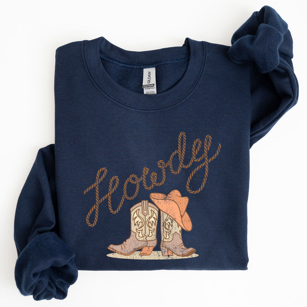 Howdy Cowboy Boots Western Country Cowgirl Rustic Rodeo Style Artsy Vintage Print Cozy Fleece Sweatshirt