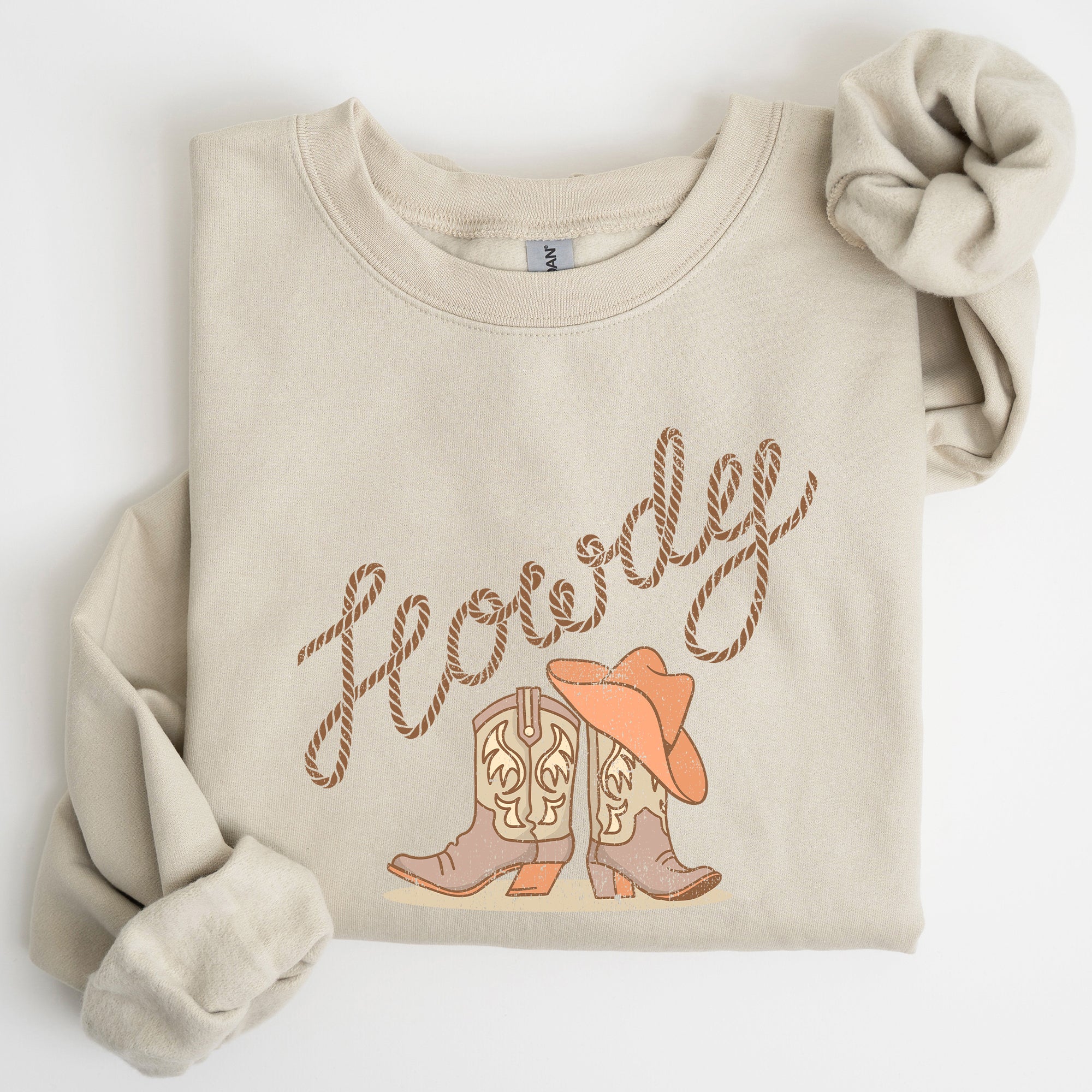 Howdy Cowboy Boots Western Country Cowgirl Rustic Rodeo Style Artsy Vintage Print Cozy Fleece Sweatshirt