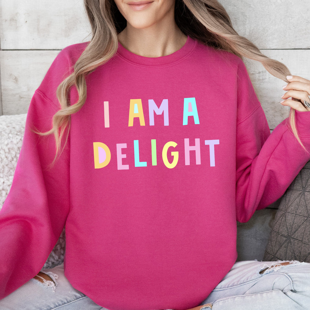 I Am A Delight Sweatshirt Positive Humor Sarcastic Mental Health Message Lighthearted Feel Good Everyday Wear
