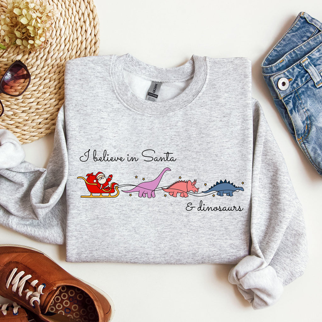 I Believe In Santa And Dinosaurs Sleigh Reindeer Christmas Holiday Cheer Sweatshirt