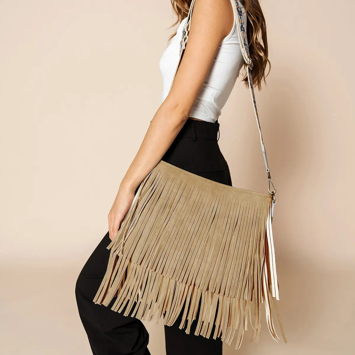 Sadie Light Brown Suede Fringe Crossbody w/ Guitar Strap Purse