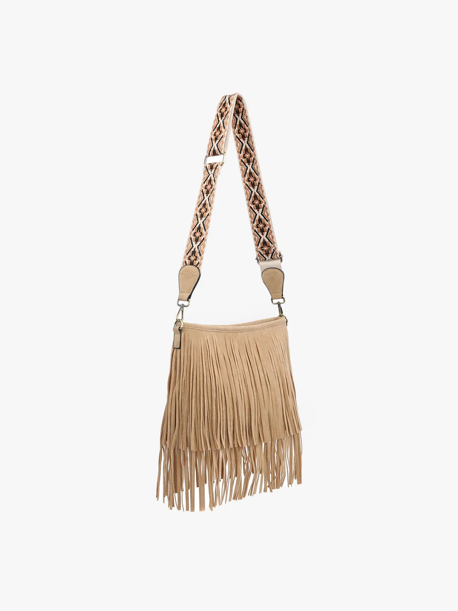 Sadie Light Brown Suede Fringe Crossbody w/ Guitar Strap Purse