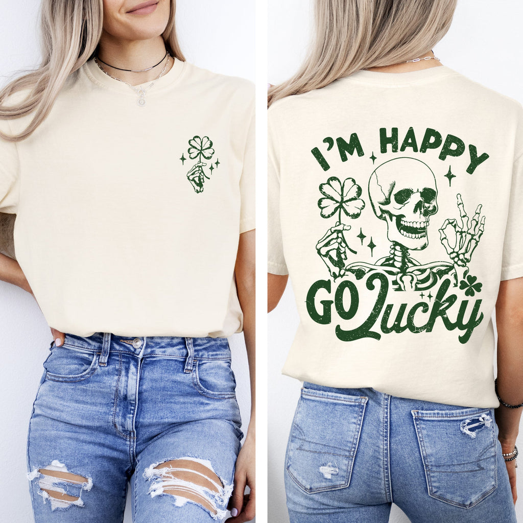 I'm Happy Go Lucky Skeleton St Patrick's Day Shamrock Clover Leprechaun Comfort Colors Tee