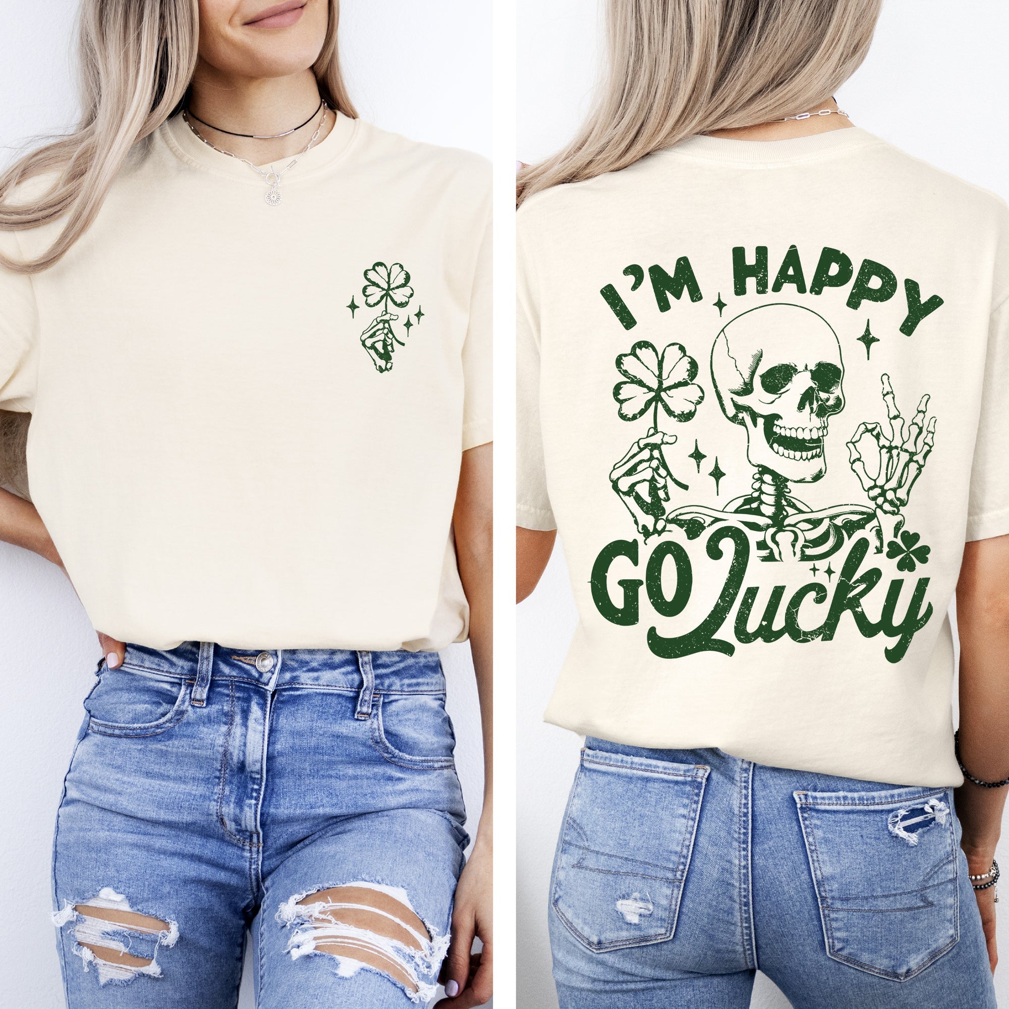 I'm Happy Go Lucky Skeleton St Patrick's Day Shamrock Clover Leprechaun Comfort Colors Tee
