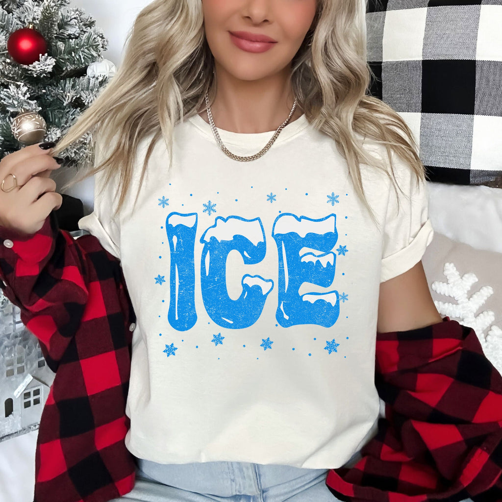 Ice Christmas Winter Cold Retro Vintage Holiday Frosty Scene Snowy Night Lights Cozy Winter Mood Graphic Tee