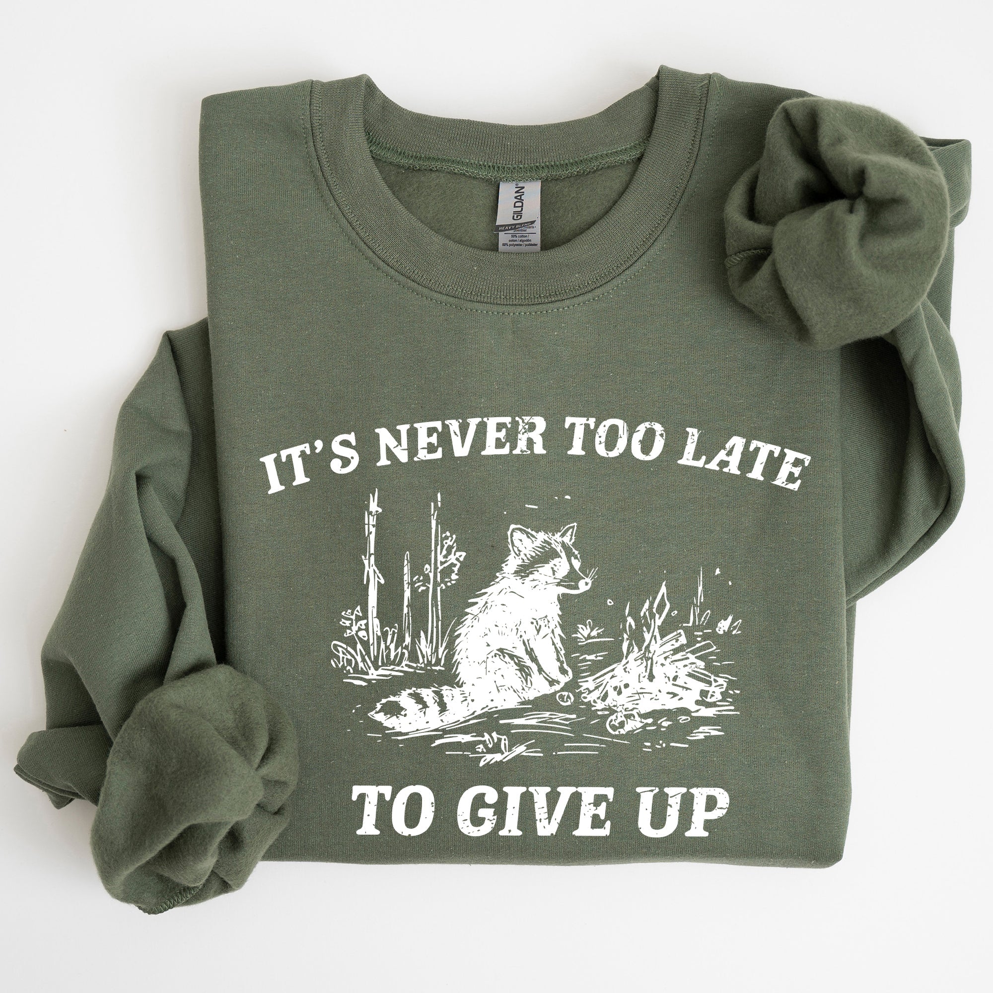 It's Never Too Late To Give Up Raccoon Graphic Illustration Cozy Thermal Sweatshirt