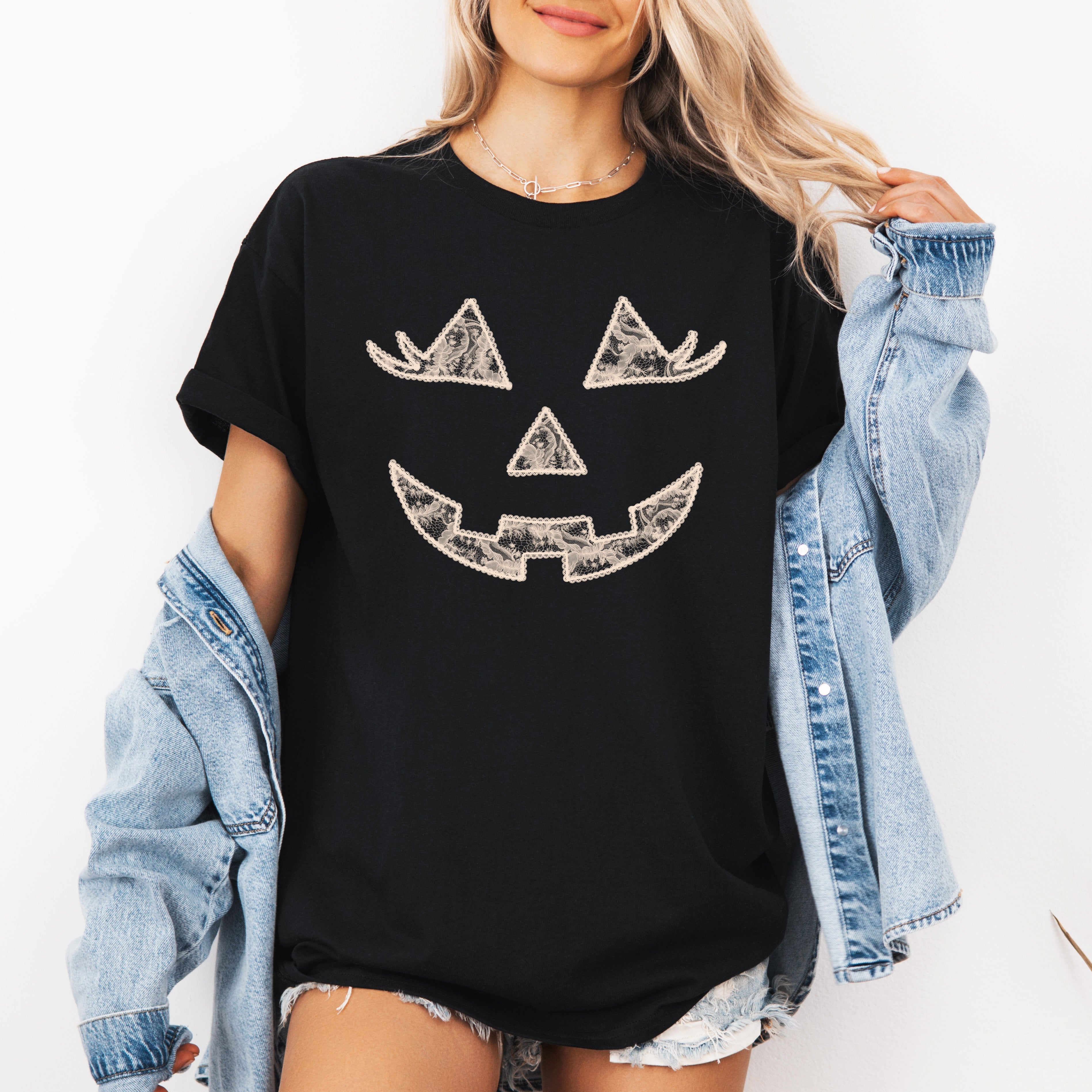 Jack-O-Lantern Coquette Faux Lace Halloween Western Cowgirl Glam Style Graphic Tee