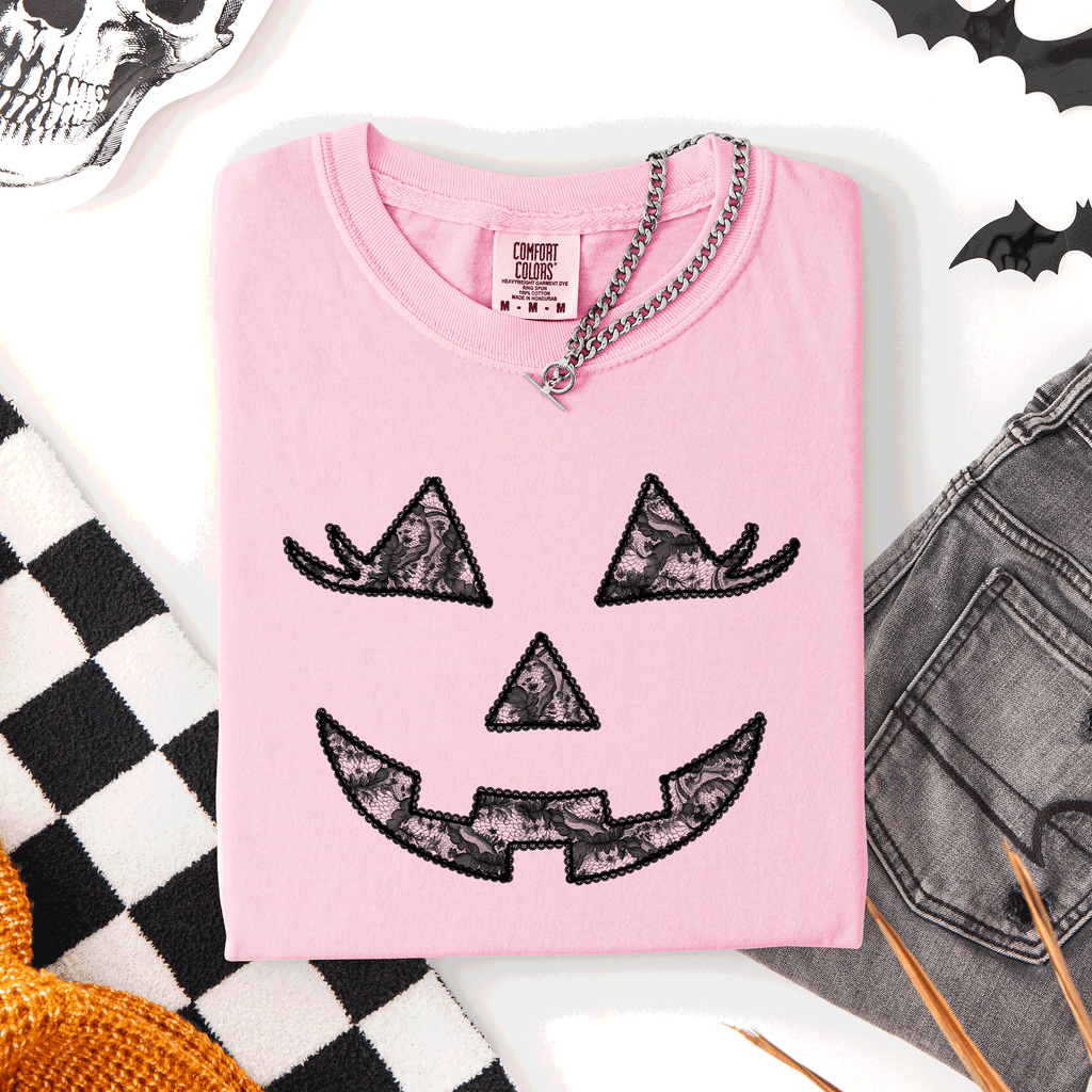 Jack-O-Lantern Coquette Faux Lace Halloween Motif Delicate Detail Print Comfort Colors Tee