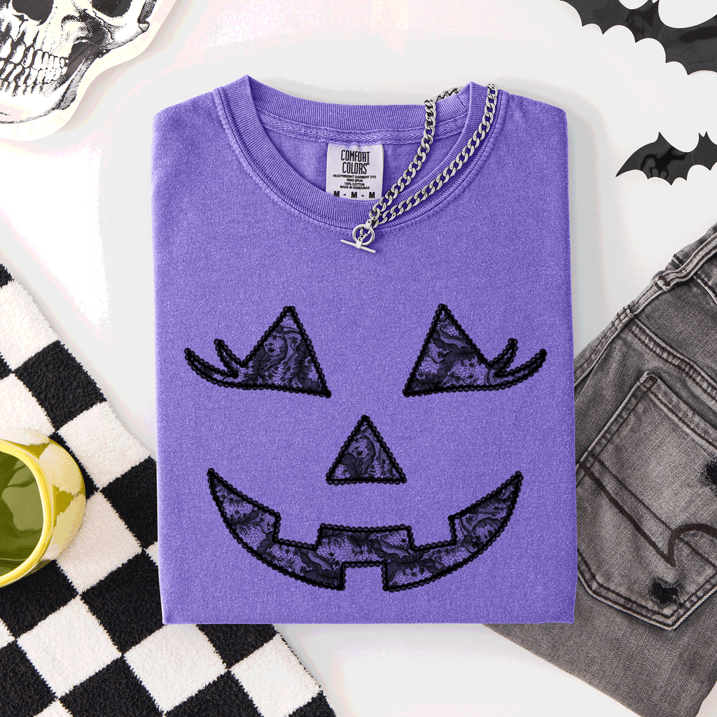 Jack-O-Lantern Coquette Faux Lace Halloween Motif Delicate Detail Print Comfort Colors Tee