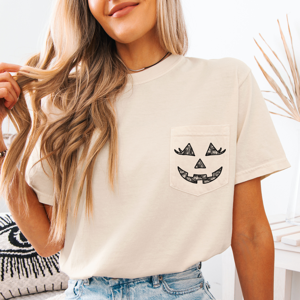 Jack O Lantern Coquette Faux Lace Halloween Pocket Limited Edition Comfort Colors Tee