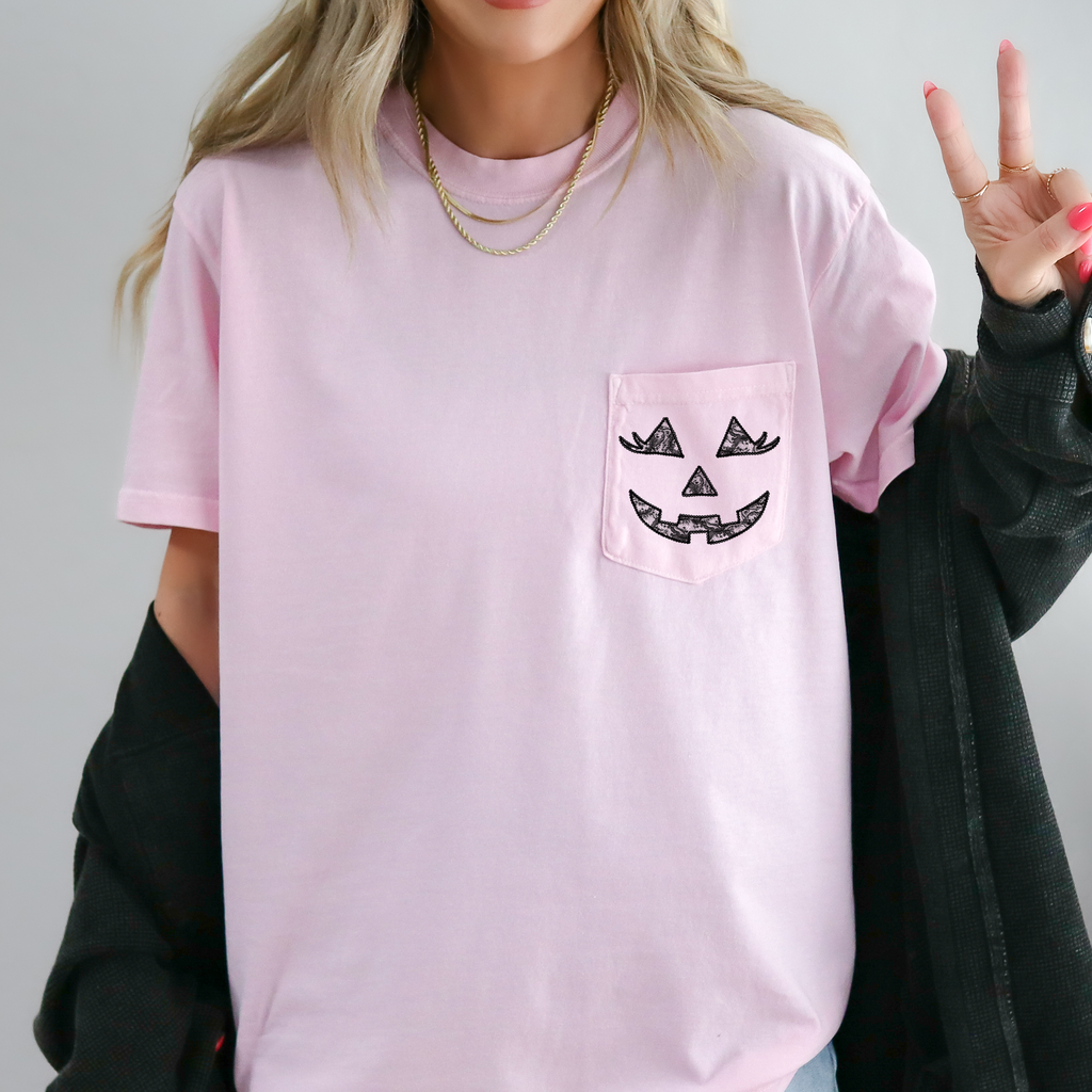 Jack O Lantern Coquette Faux Lace Halloween Pocket Limited Edition Comfort Colors Tee