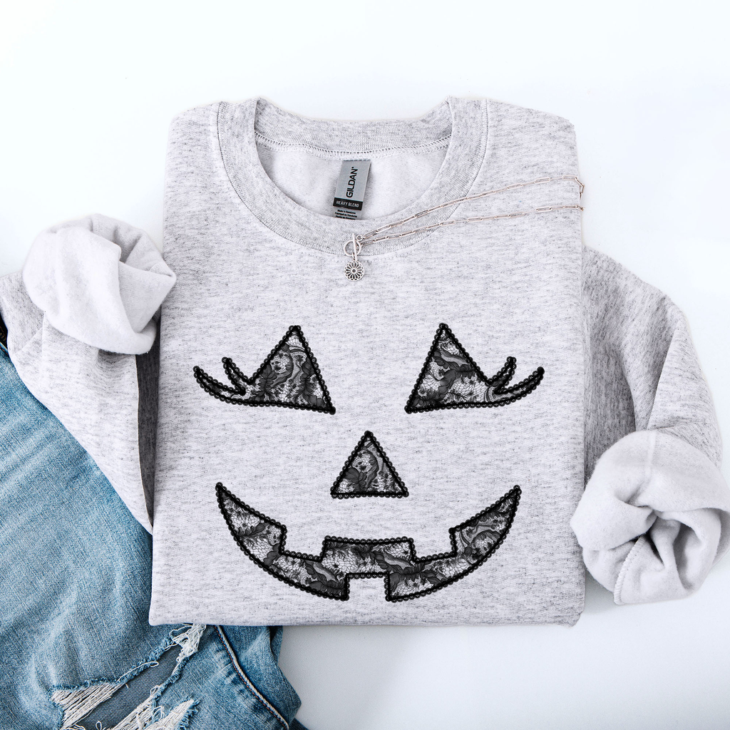 Jack O Lantern Coquette Faux Lace Halloween Vintage Inspired Cozy Embroidered Sweatshirt