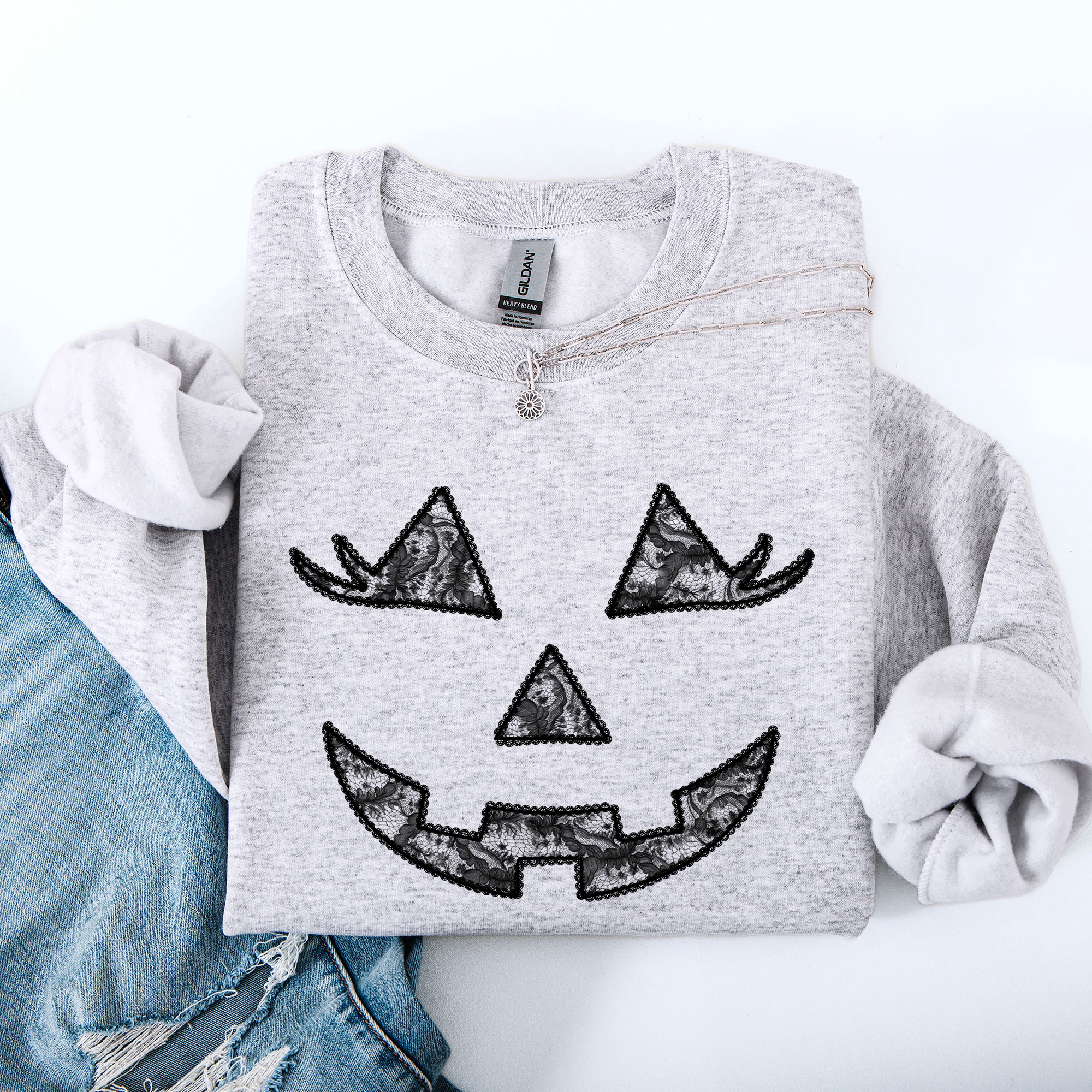 Jack O Lantern Coquette Faux Lace Halloween Vintage Inspired Cozy Embroidered Sweatshirt