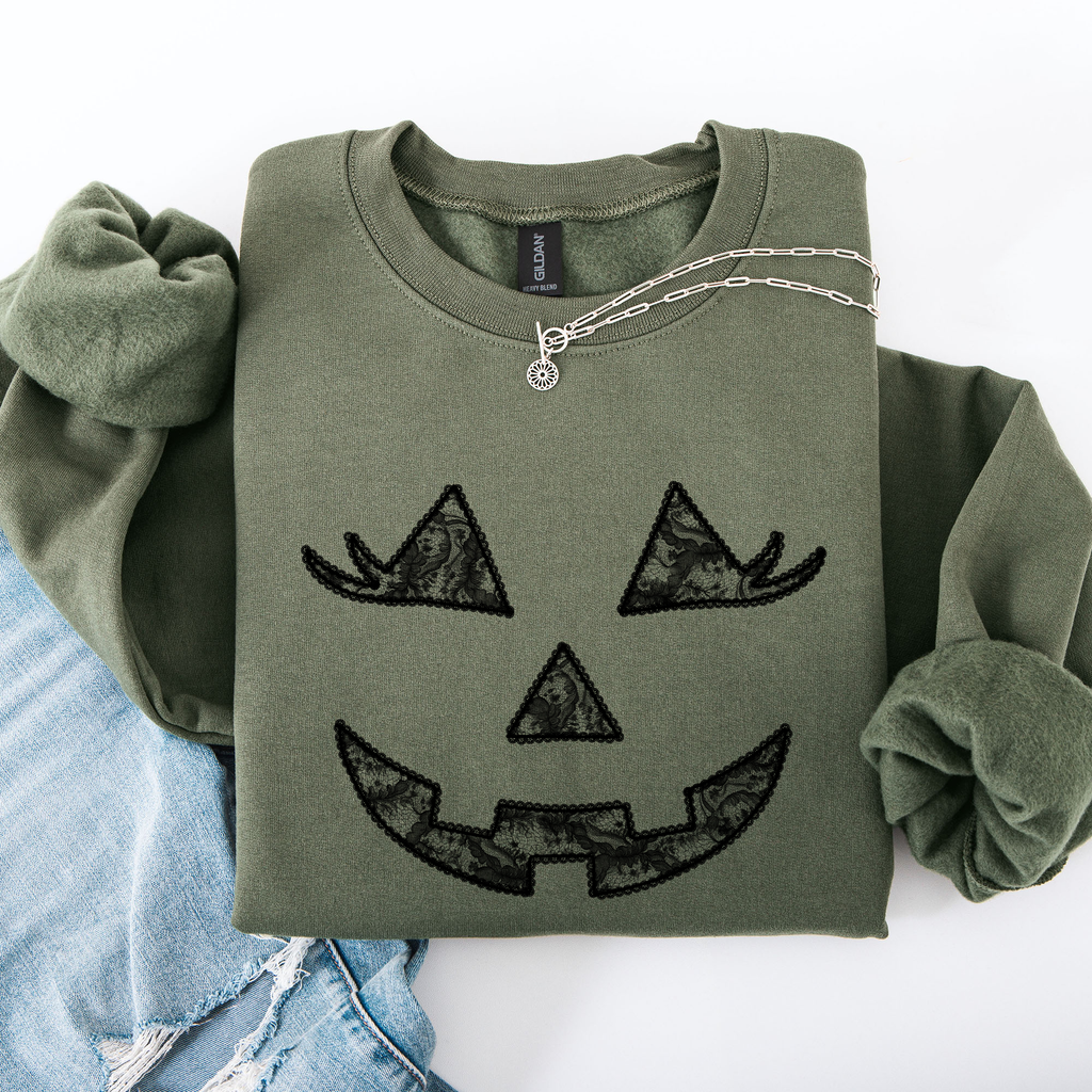 Jack O Lantern Coquette Faux Lace Halloween Vintage Inspired Cozy Embroidered Sweatshirt