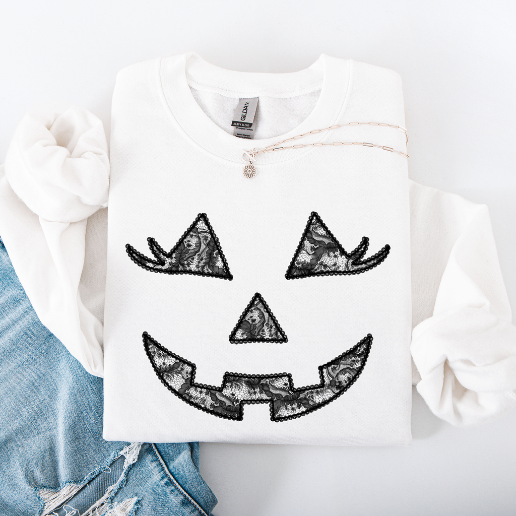 Jack O Lantern Coquette Faux Lace Halloween Vintage Inspired Cozy Embroidered Sweatshirt