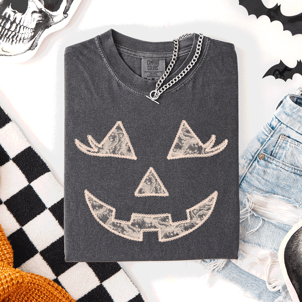 Jack-O-Lantern Coquette Faux Lace Halloween Motif Delicate Detail Print Comfort Colors Tee