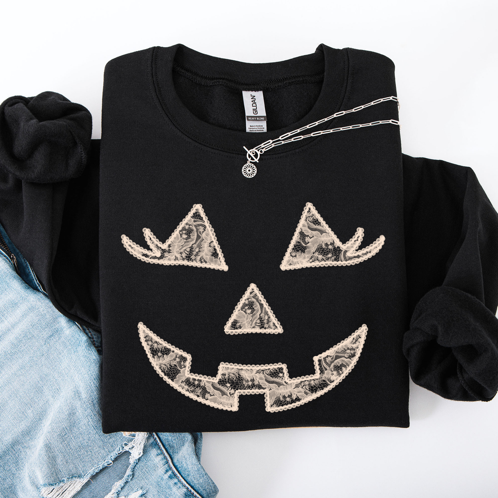 Jack O Lantern Coquette Faux Lace Halloween Vintage Inspired Cozy Embroidered Sweatshirt