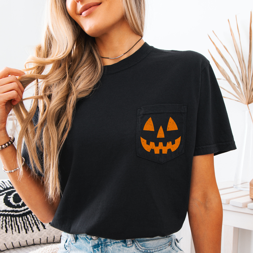 Jack o Lantern Coquette Faux Lace Halloween Spooky Pumpkin Pocket Premium Graphic Tee