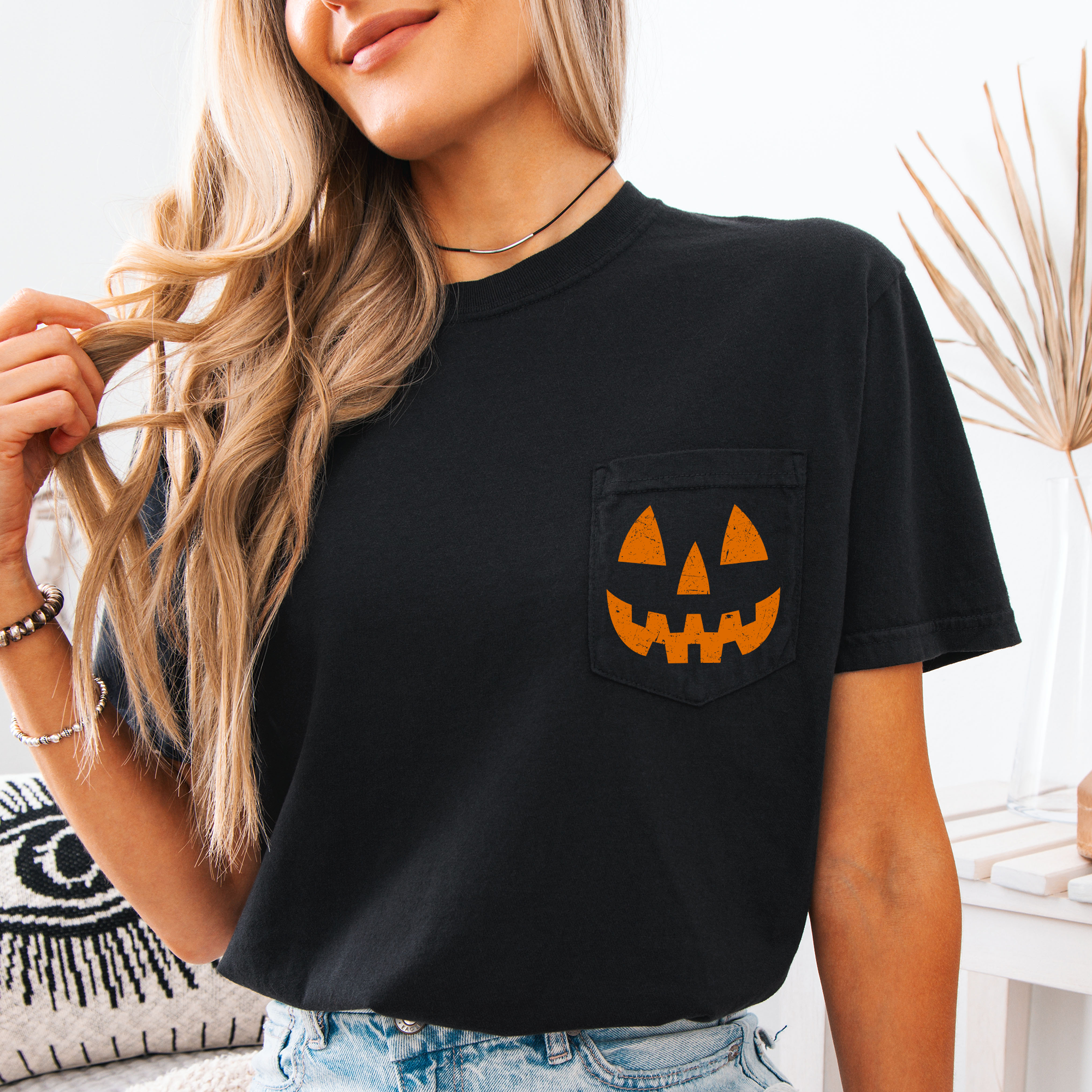 Jack o Lantern Coquette Faux Lace Halloween Spooky Pumpkin Pocket Premium Graphic Tee