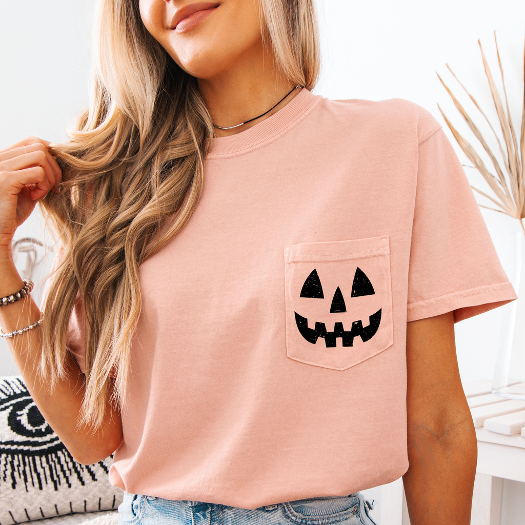 Jack o Lantern Coquette Faux Lace Halloween Spooky Pumpkin Pocket Premium Graphic Tee