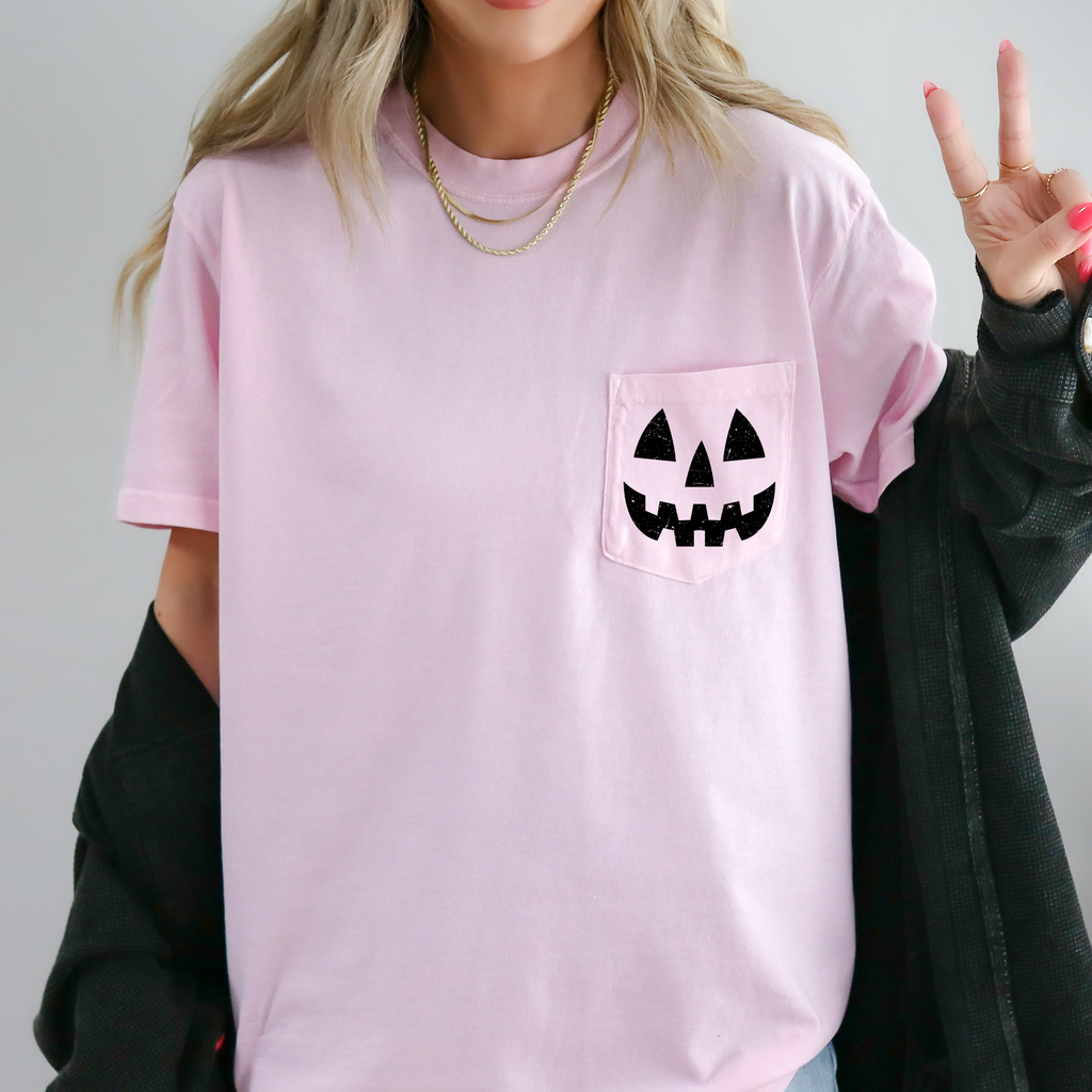 Jack o Lantern Coquette Faux Lace Halloween Spooky Pumpkin Pocket Premium Graphic Tee