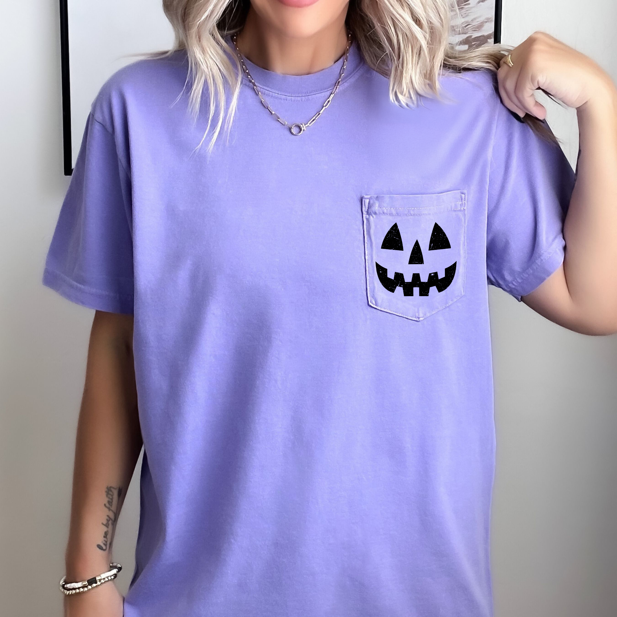 Jack o Lantern Coquette Faux Lace Halloween Spooky Pumpkin Pocket Premium Graphic Tee