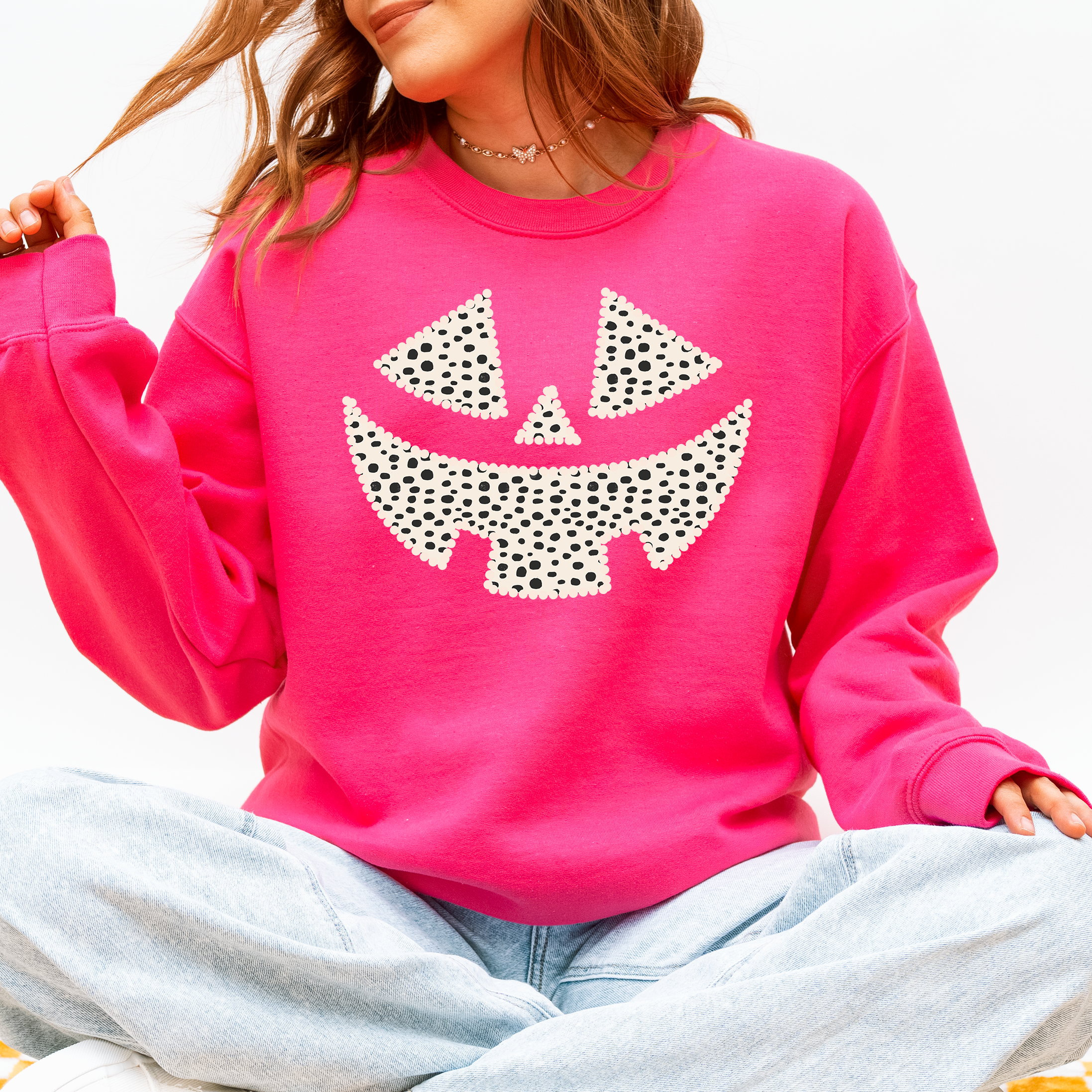 Jack O Lantern Dalmatian Print Halloween Cozy Whimsical Autumn Festival Sweatshirt