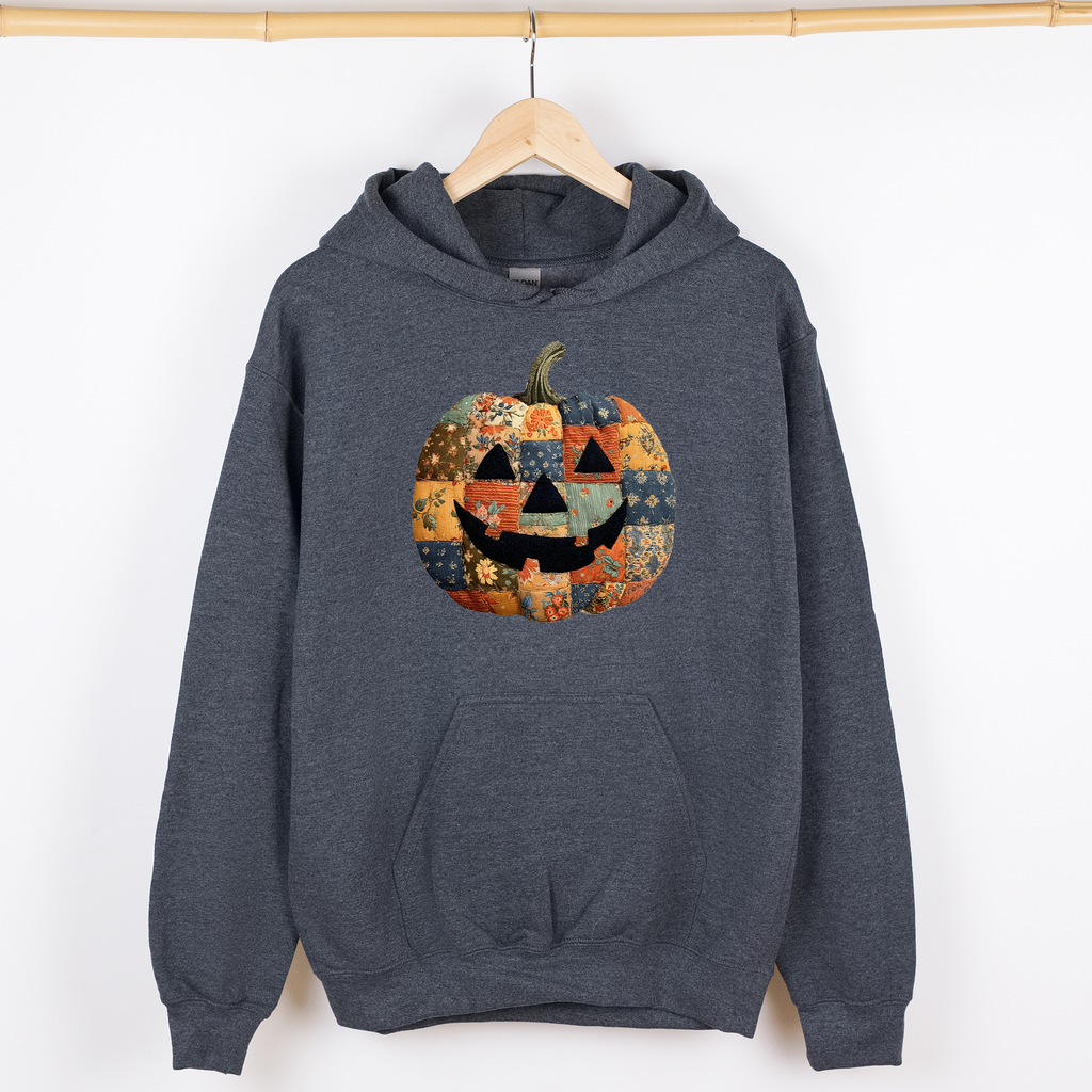 Jack-O-Lantern Faux Quilt Pumpkin Halloween Harvest Night Vintage Cozy Fall Inspired Graphic Hoodie