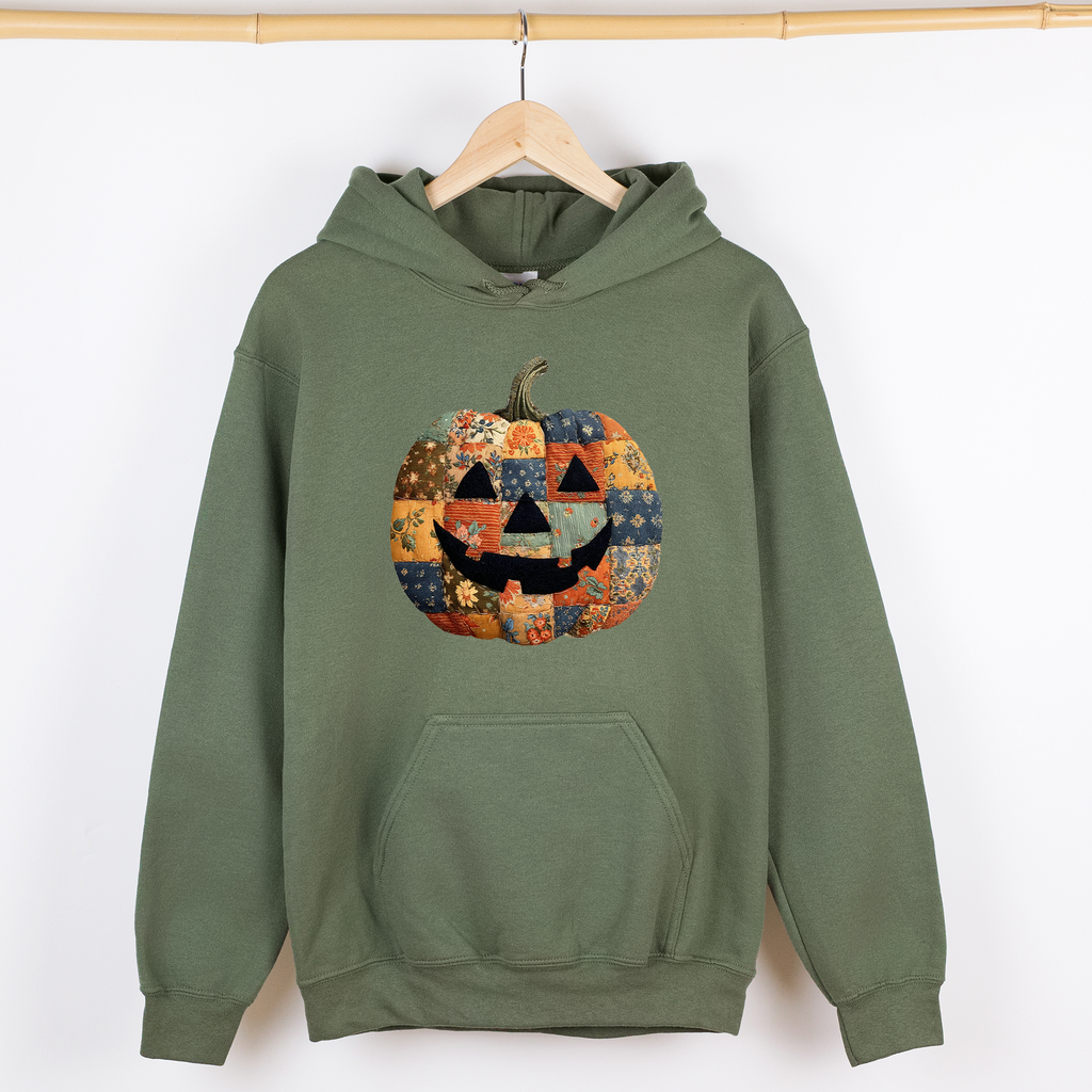Jack-O-Lantern Faux Quilt Pumpkin Halloween Harvest Night Vintage Cozy Fall Inspired Graphic Hoodie