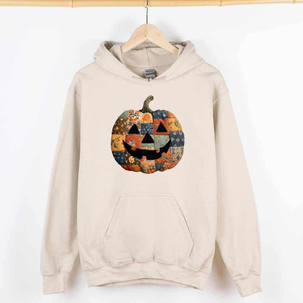 Jack-O-Lantern Faux Quilt Pumpkin Halloween Harvest Night Vintage Cozy Fall Inspired Graphic Hoodie