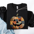 Jack O Lantern Faux Quilt Pumpkin Halloween Fall Autumn Cozy Patchwork Style Sweatshirt