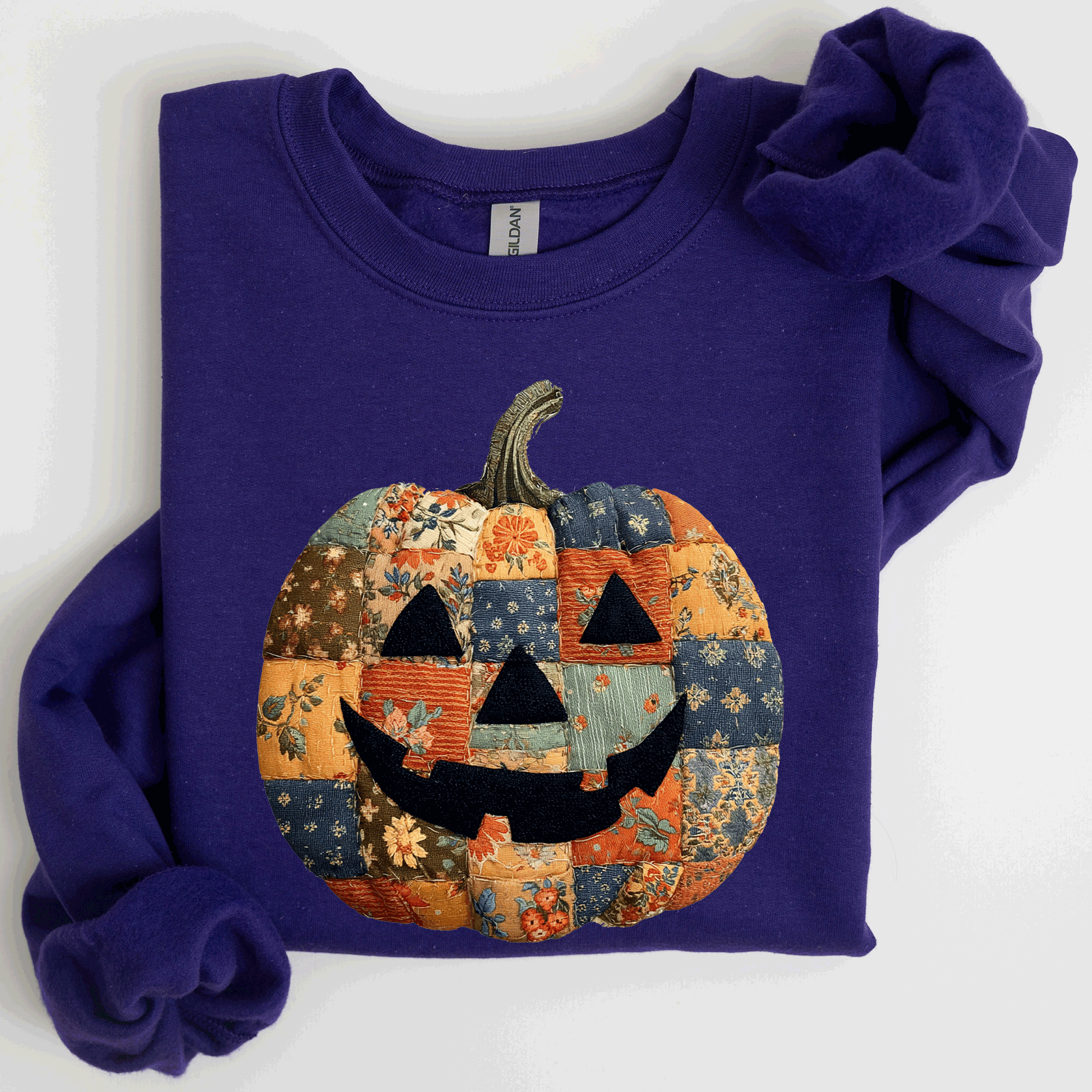 Jack O Lantern Faux Quilt Pumpkin Halloween Fall Autumn Cozy Patchwork Style Sweatshirt