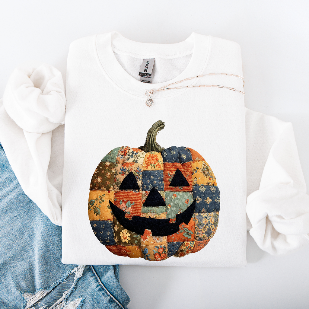 Jack O Lantern Faux Quilt Pumpkin Halloween Fall Autumn Cozy Patchwork Style Sweatshirt