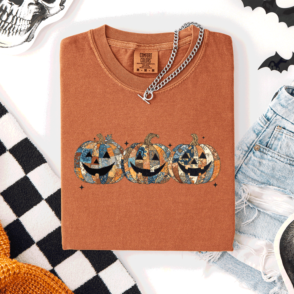 Jack O Lanterns Faux Quilt Classic Halloween Fall Autumn Trad Comfort Colors Tee