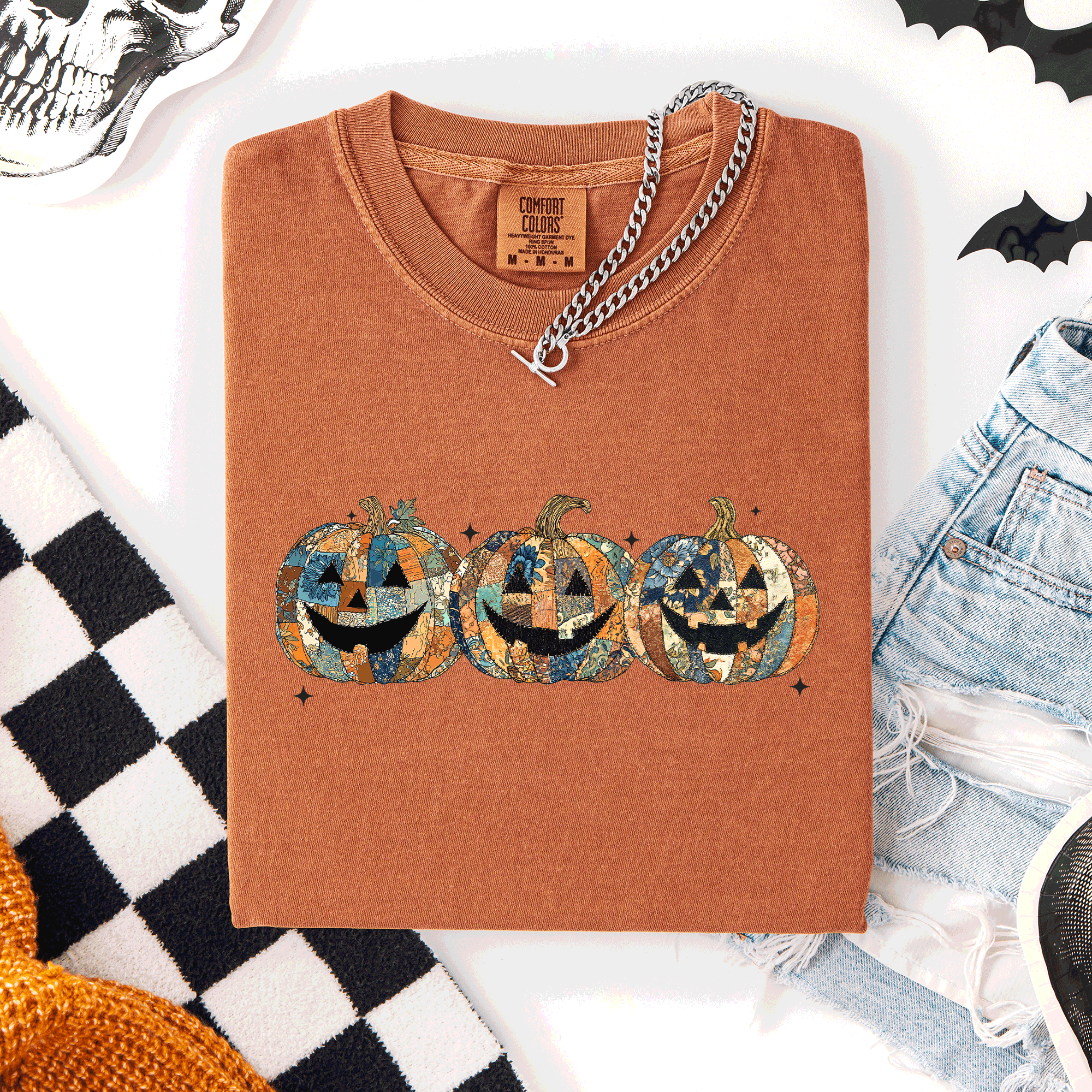Jack O Lanterns Faux Quilt Classic Halloween Fall Autumn Trad Comfort Colors Tee
