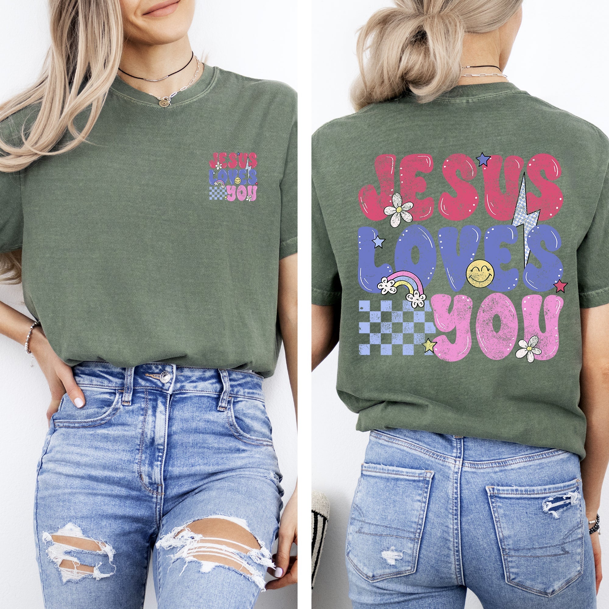 Jesus Loves You Colorful Positivity Faith Gospel Bible Love Front And Back Comfort Colors Tee