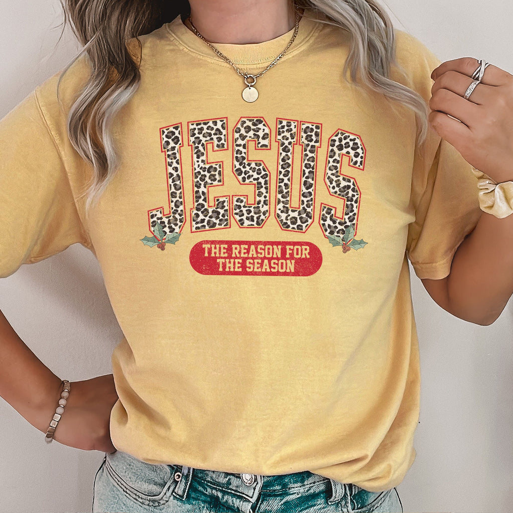 Jesus, Reason For The Season Leopard Print Christmas Faith Design Comfort Colors Tee