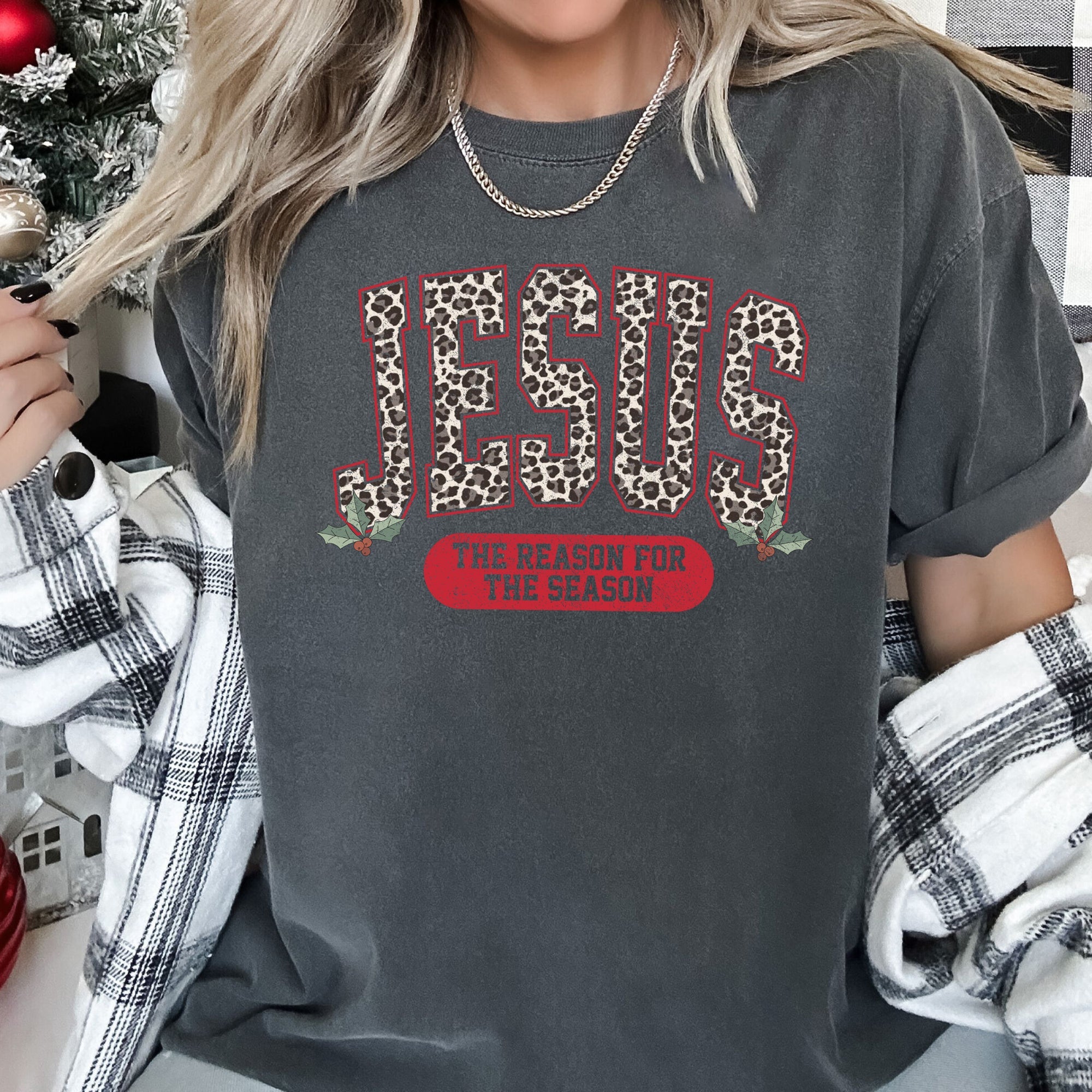 Jesus, Reason For The Season Leopard Print Christmas Faith Design Comfort Colors Tee