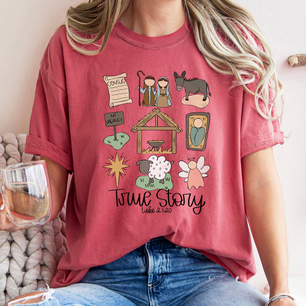 Jesus True Story Luke 2-120 Manger Nativity Christmas Scripture Comfort Colors Tee