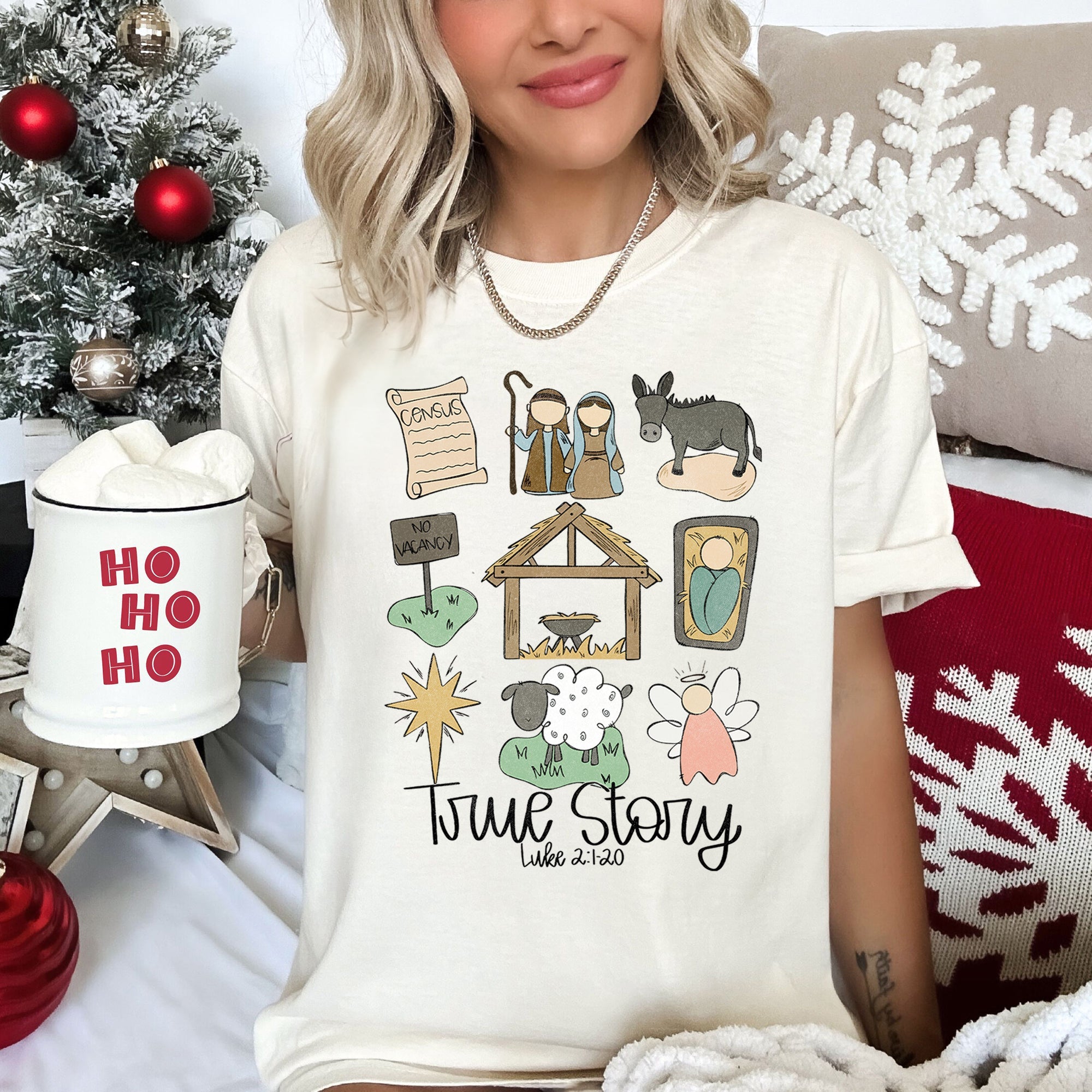 Jesus True Story Luke 2-120 Manger Nativity Christmas Scripture Comfort Colors Tee