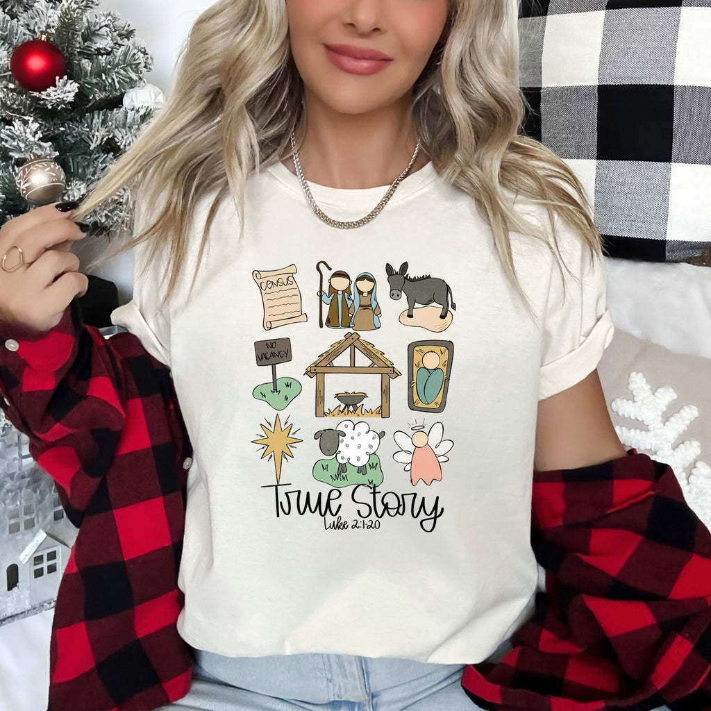 Jesus True Story Luke Two Manger Angel Christmas Bible Verse Faith Inspiration Graphic Tee